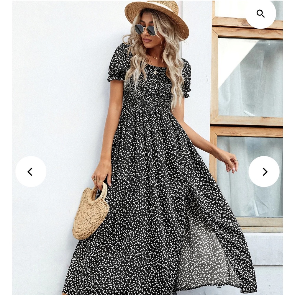 Black and White Floral Split Thigh Dress with Shirred Bodice